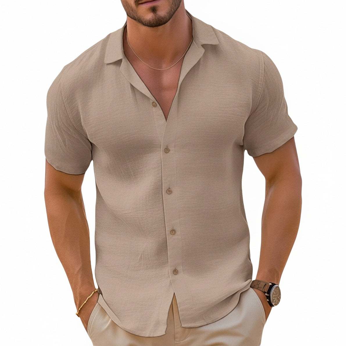 Men's Short Sleeve Shirt with Button Closure and Camp Collar