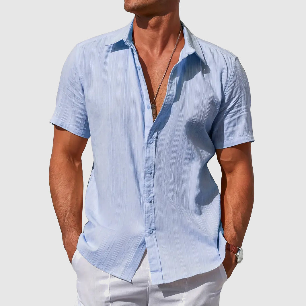 Men's Short Sleeve Shirt with Button Front and Textured Pattern