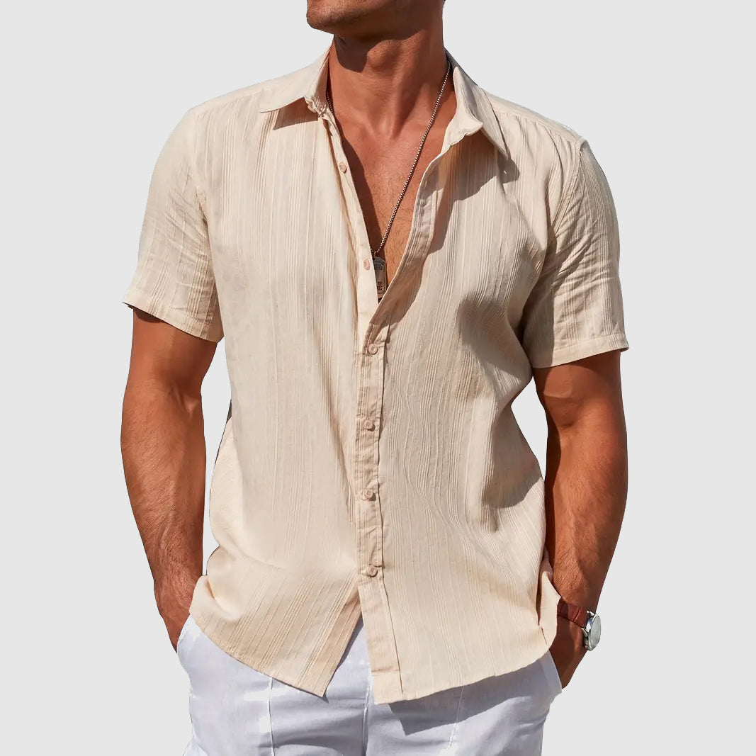 Men's Short Sleeve Shirt with Button Front and Textured Pattern
