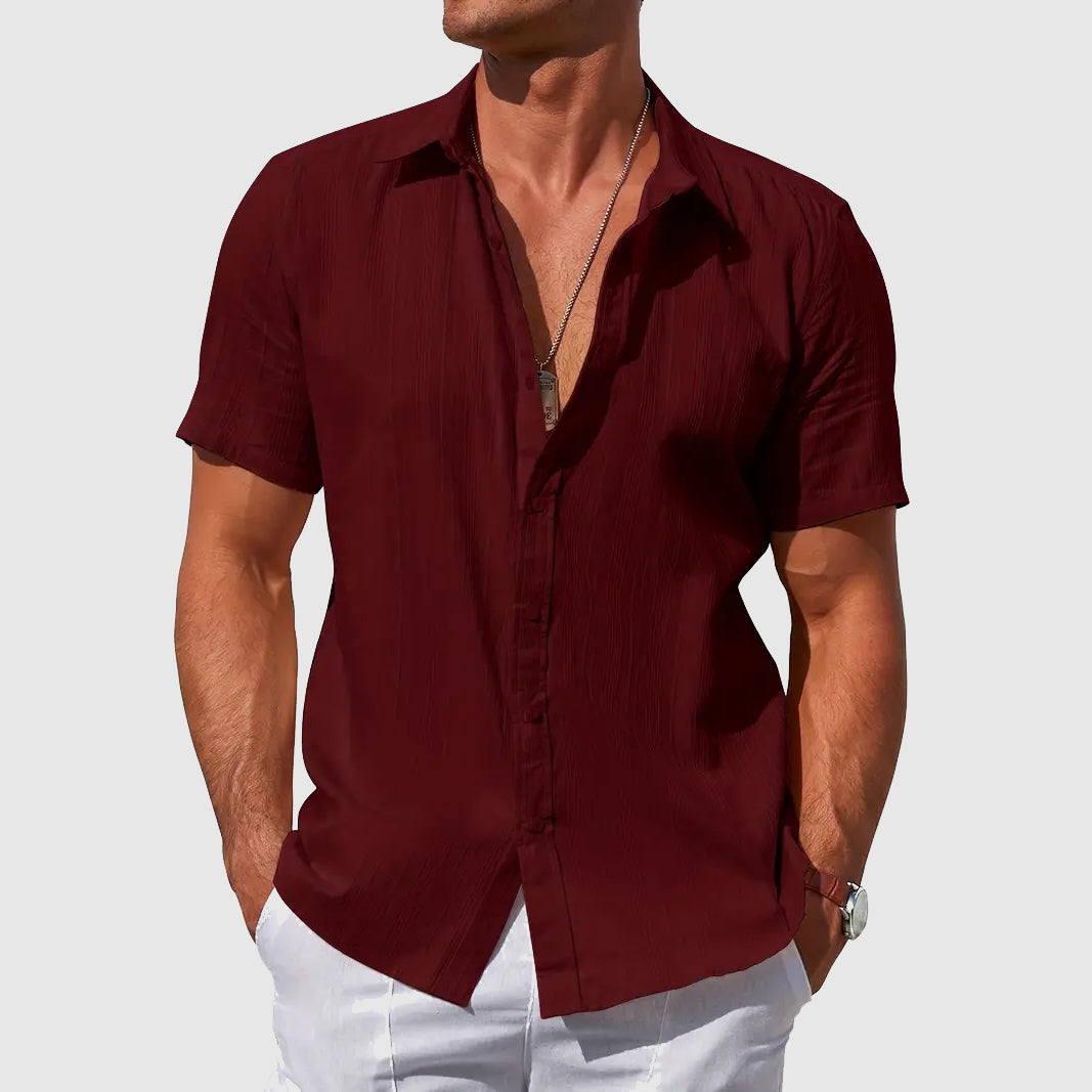 Men's Short Sleeve Shirt with Button Front and Textured Pattern