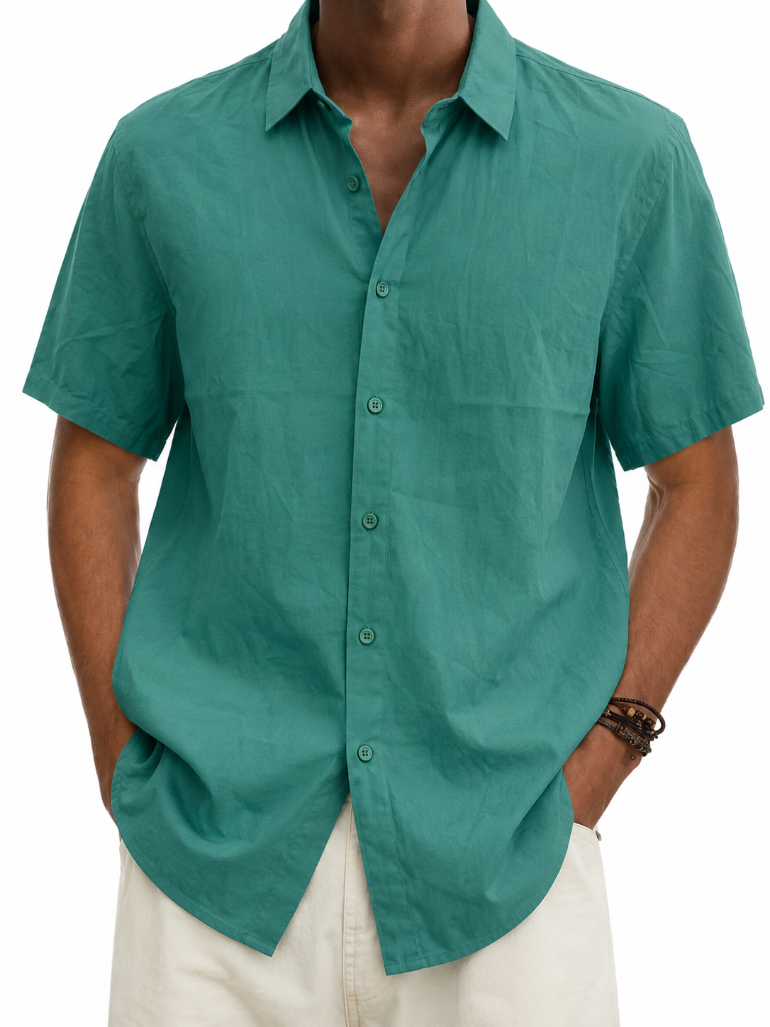 Men's Short Sleeve Shirt with Button Placket and Spread Collar