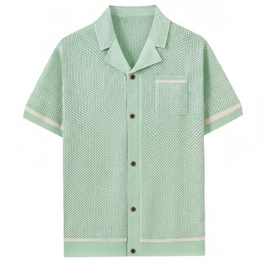 Men's Short Sleeve Shirt with Camp Collar and Button Closure