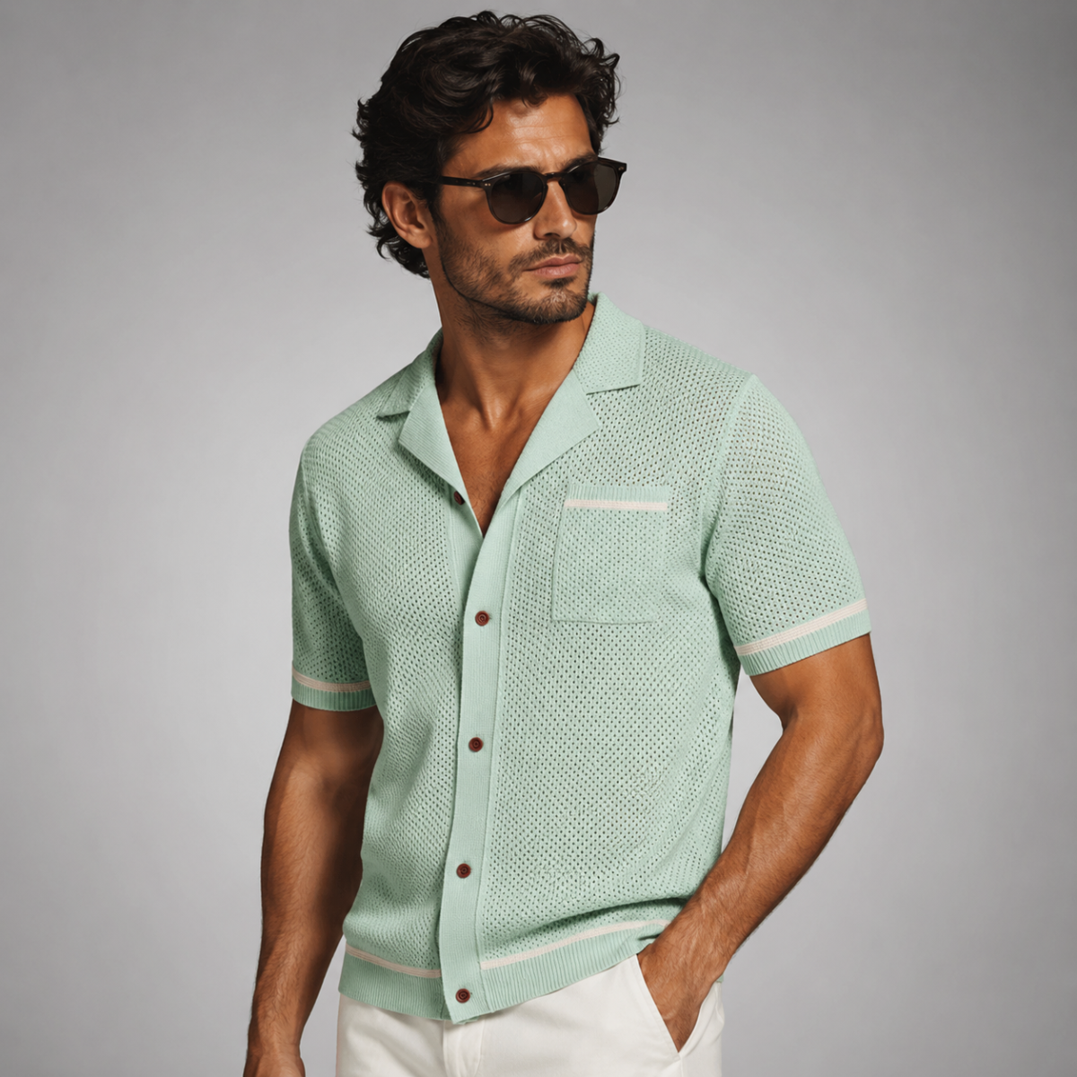 Men's Short Sleeve Shirt with Camp Collar and Button Closure