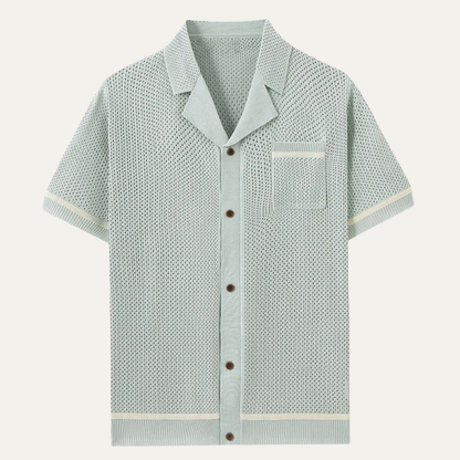 Men's Short Sleeve Shirt with Camp Collar and Button Closure