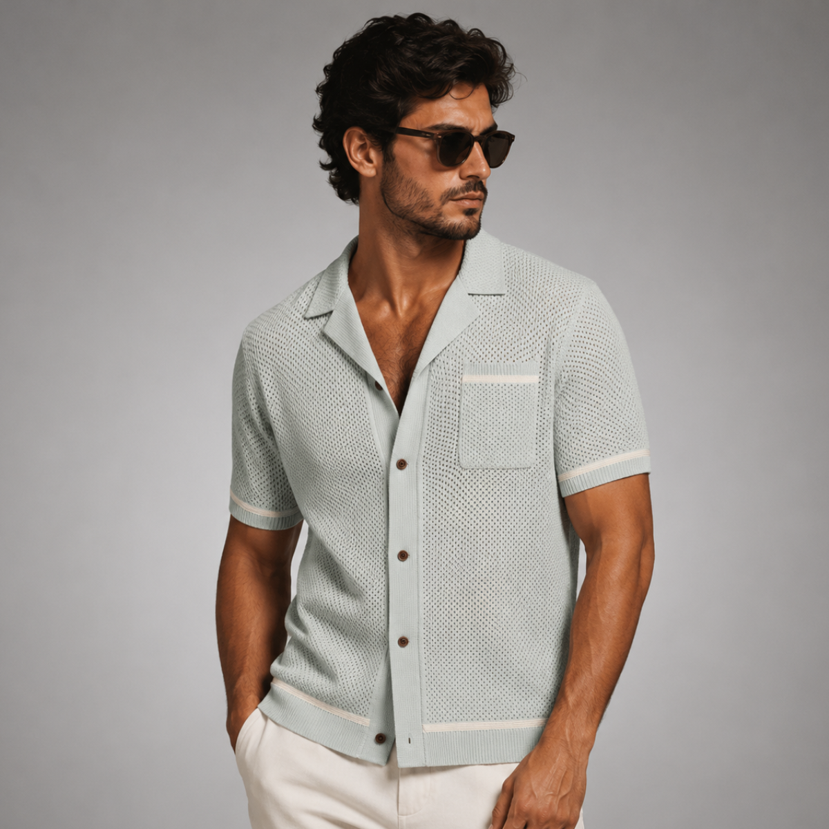 Men's Short Sleeve Shirt with Camp Collar and Button Closure