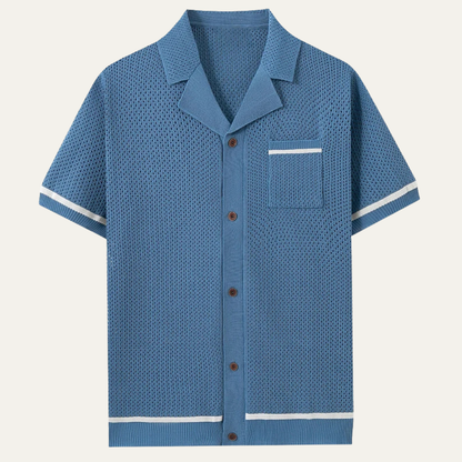 Men's Short Sleeve Shirt with Camp Collar and Button Closure