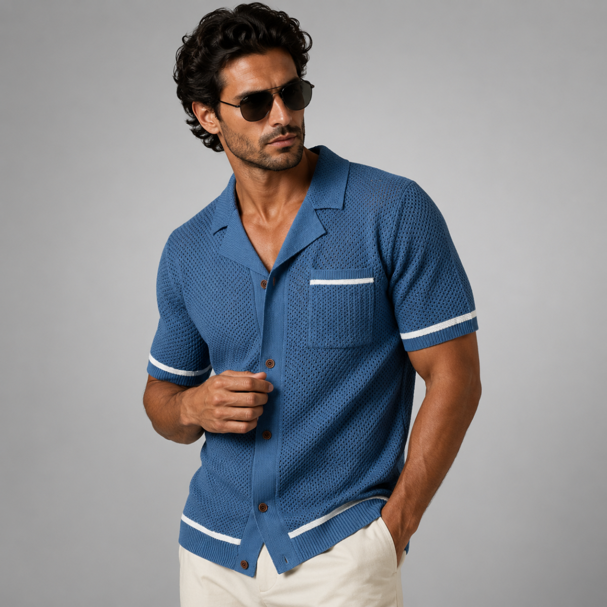 Men's Short Sleeve Shirt with Camp Collar and Button Closure