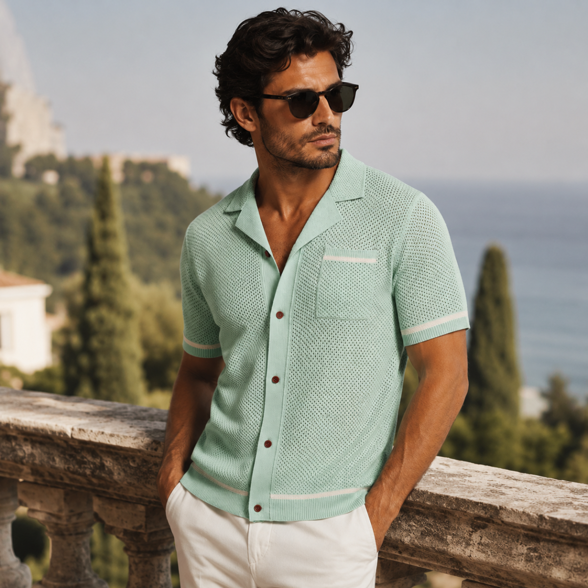 Men's Short Sleeve Shirt with Camp Collar and Button Closure