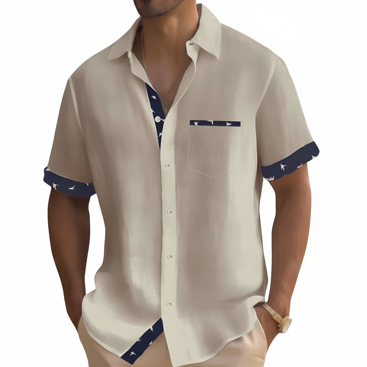 Men's Short Sleeve Shirt with Contrast Details and Chest Pocket