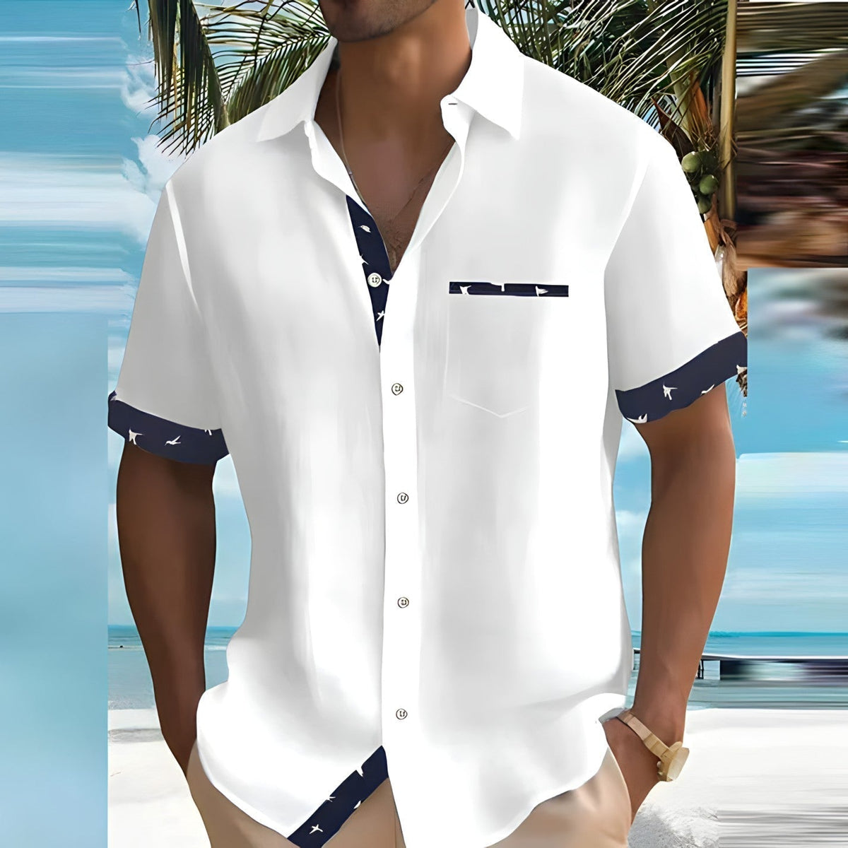 Men's Short Sleeve Shirt with Contrast Details and Chest Pocket