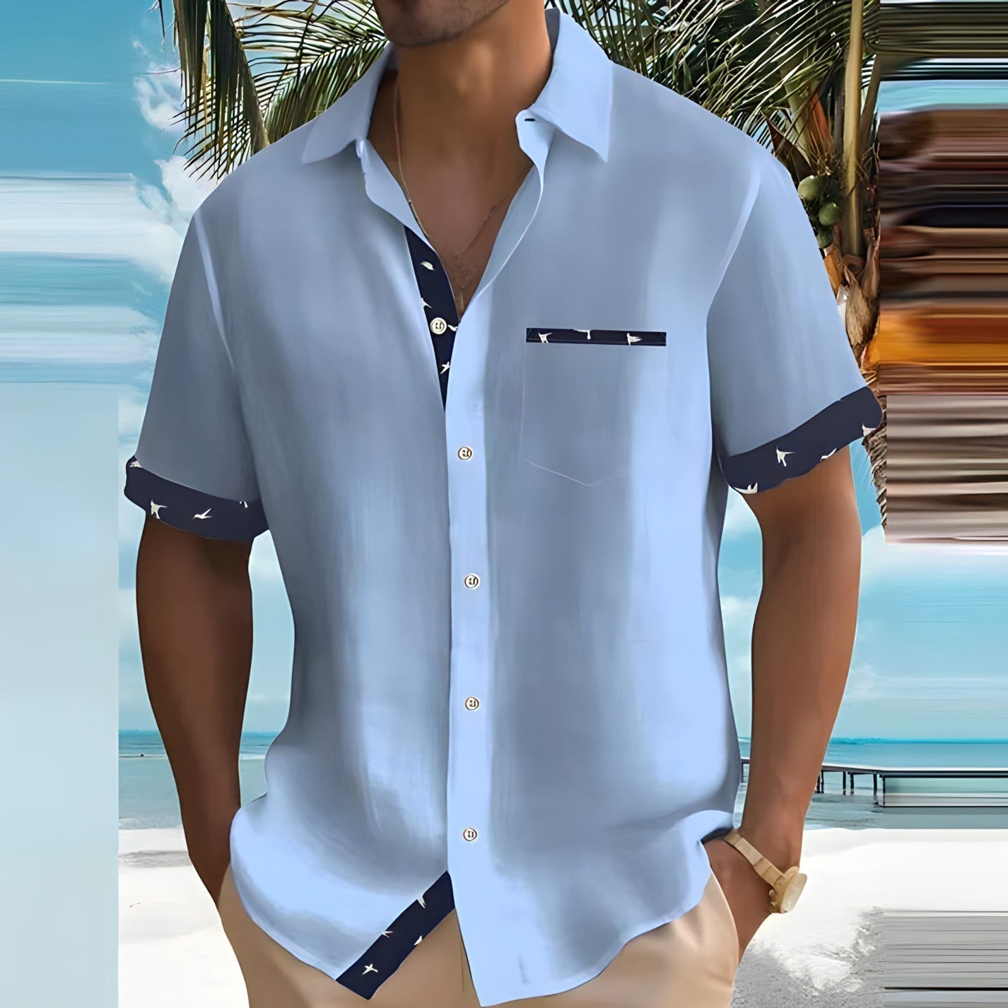 Men's Short Sleeve Shirt with Contrast Details and Chest Pocket