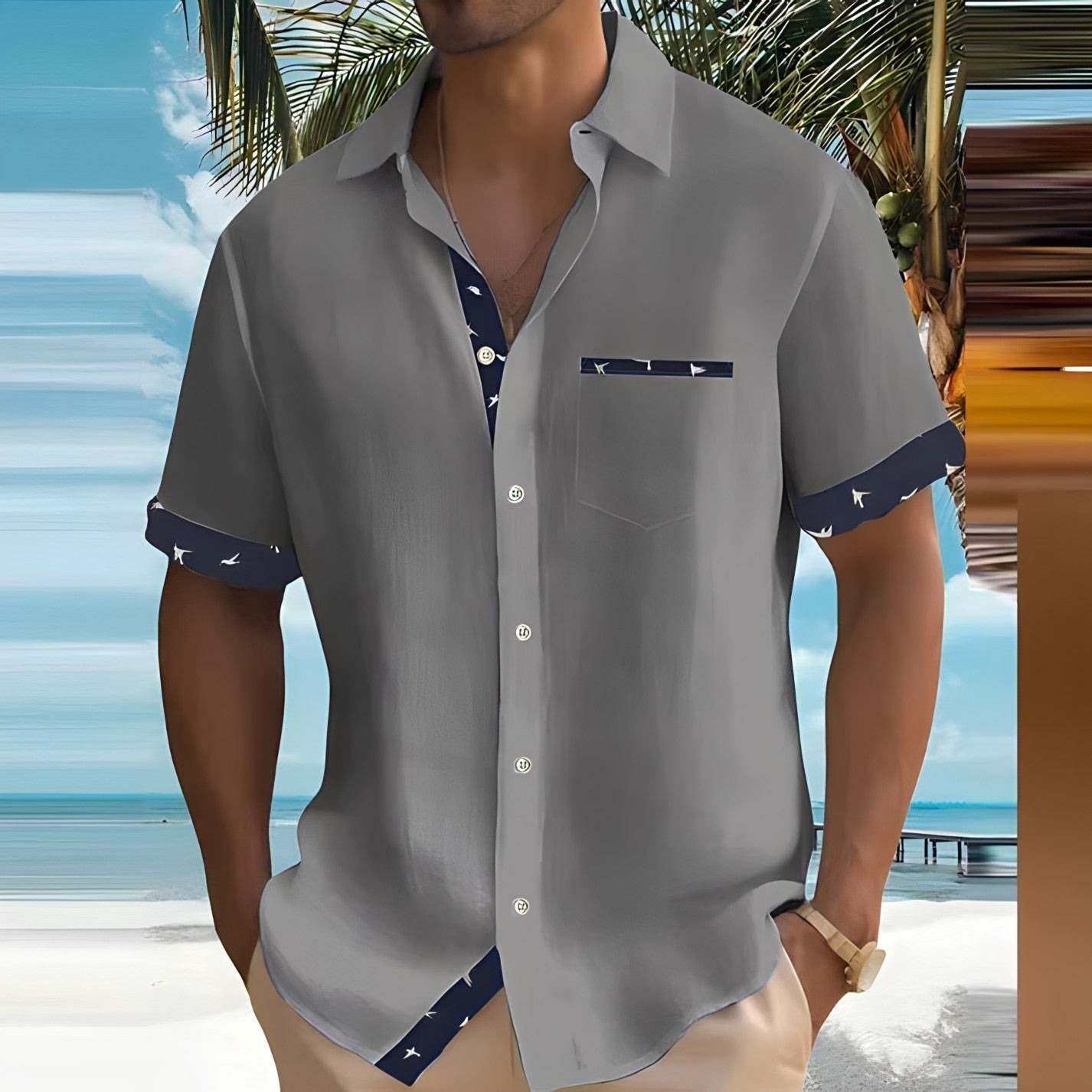 Men's Short Sleeve Shirt with Contrast Details and Chest Pocket
