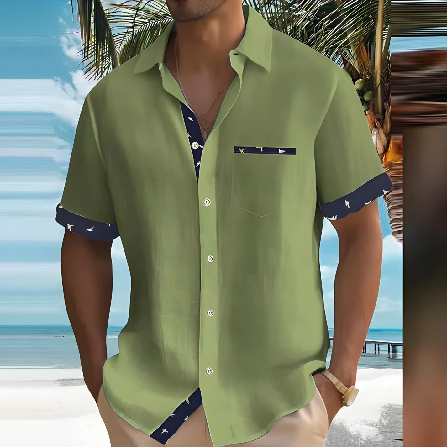 Men's Short Sleeve Shirt with Contrast Details and Chest Pocket