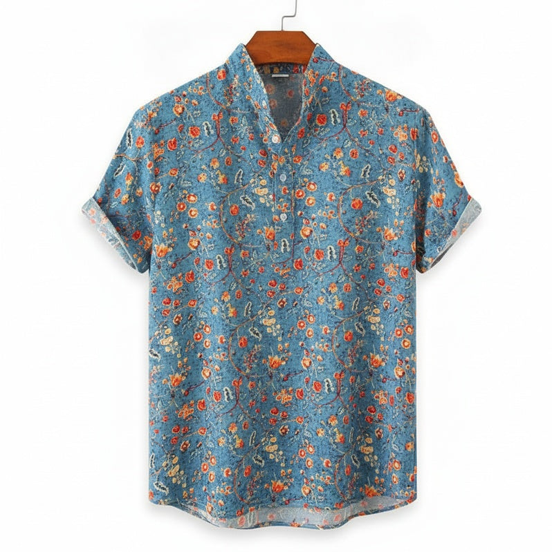 Men's Short Sleeve Shirt with Floral Print and Stand Collar