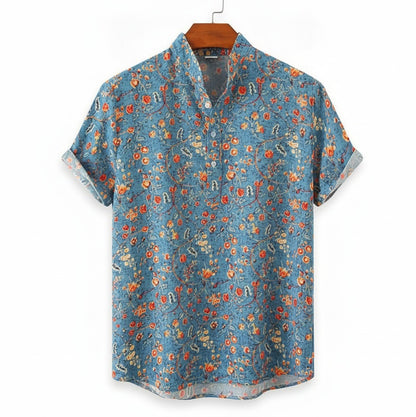 Men's Short Sleeve Shirt with Floral Print and Stand Collar
