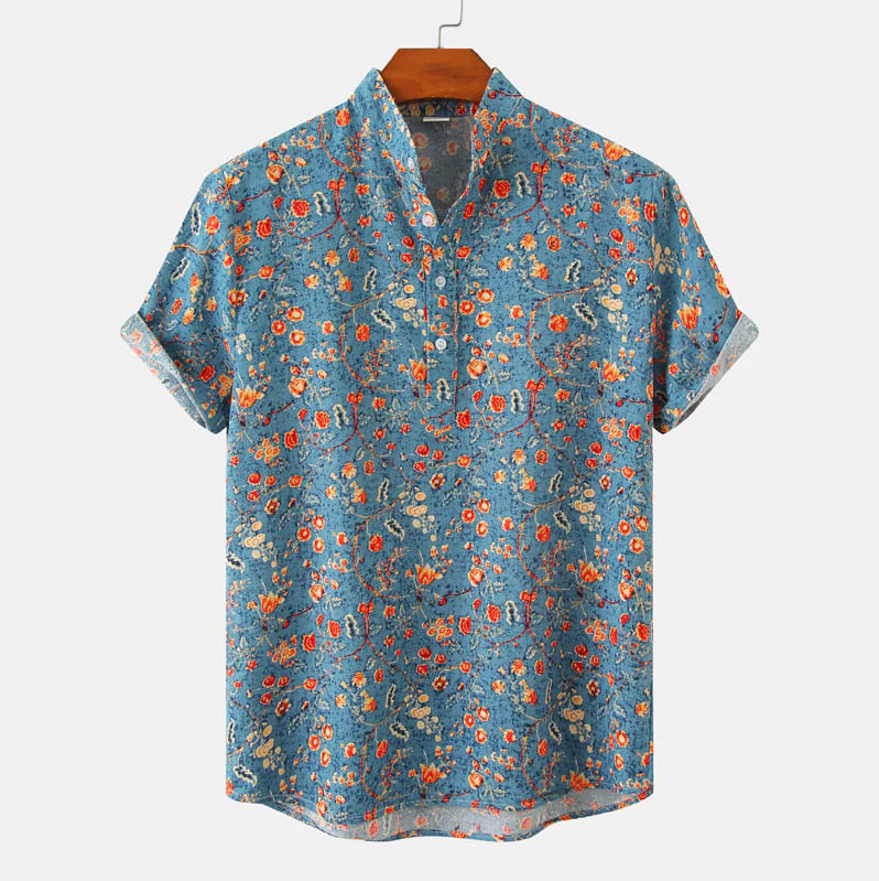 Men's Short Sleeve Shirt with Floral Print and Stand Collar
