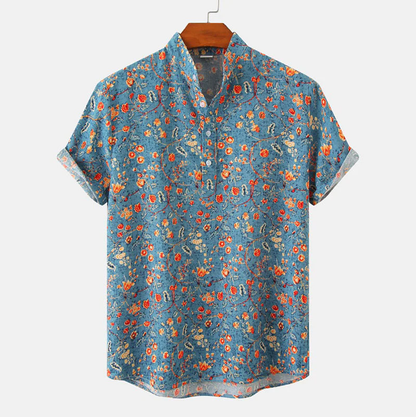 Men's Short Sleeve Shirt with Floral Print and Stand Collar