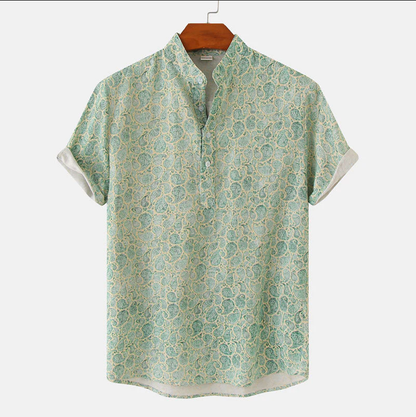 Men's Short Sleeve Shirt with Floral Print and Stand Collar