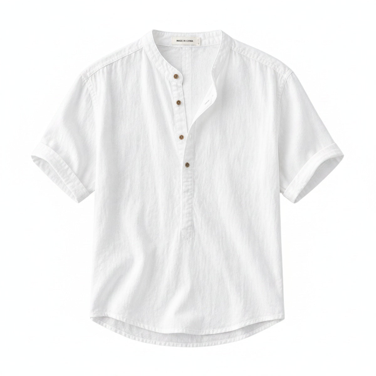 Men's Short Sleeve Shirt with Mandarin Collar and Button Placket