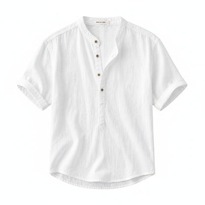 Men's Short Sleeve Shirt with Mandarin Collar and Button Placket