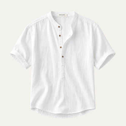Men's Short Sleeve Shirt with Mandarin Collar and Button Placket