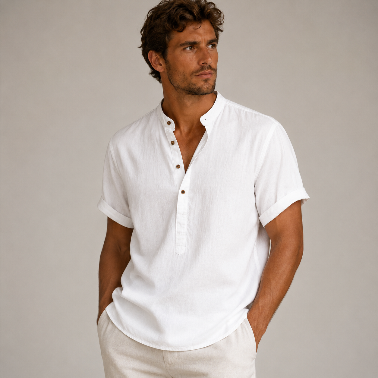 Men's Short Sleeve Shirt with Mandarin Collar and Button Placket