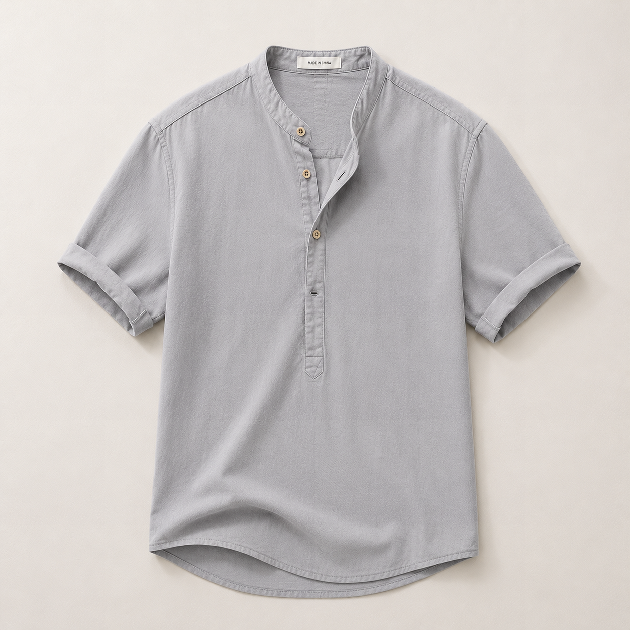 Men's Short Sleeve Shirt with Mandarin Collar and Button Placket