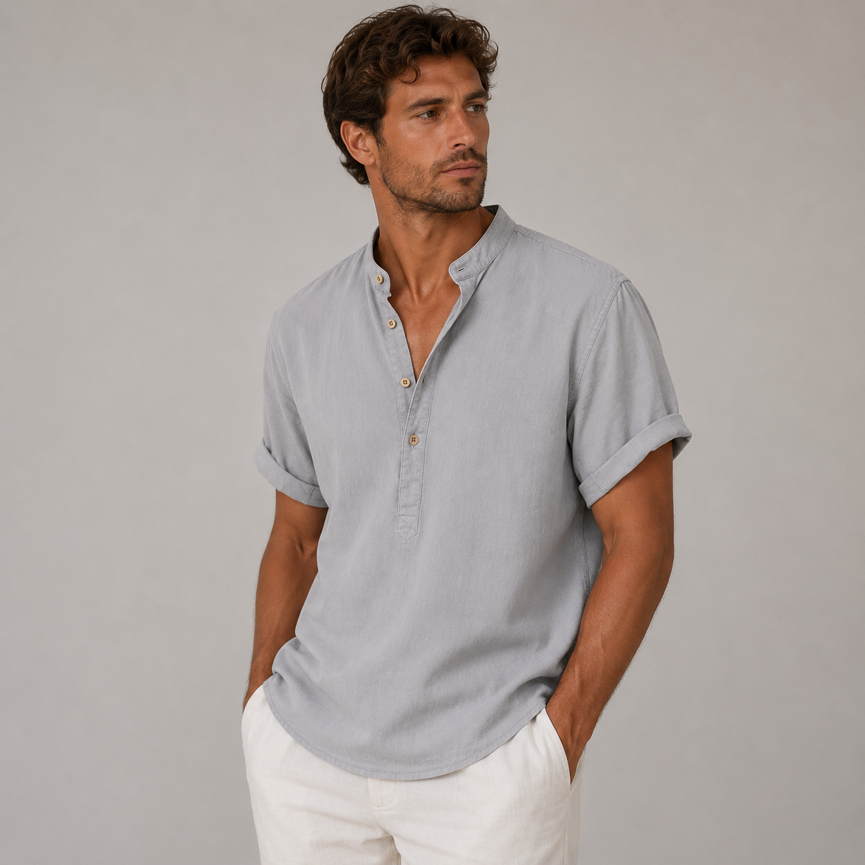 Men's Short Sleeve Shirt with Mandarin Collar and Button Placket