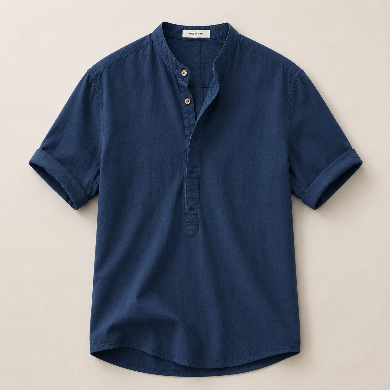 Men's Short Sleeve Shirt with Mandarin Collar and Button Placket