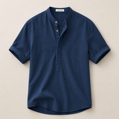Men's Short Sleeve Shirt with Mandarin Collar and Button Placket