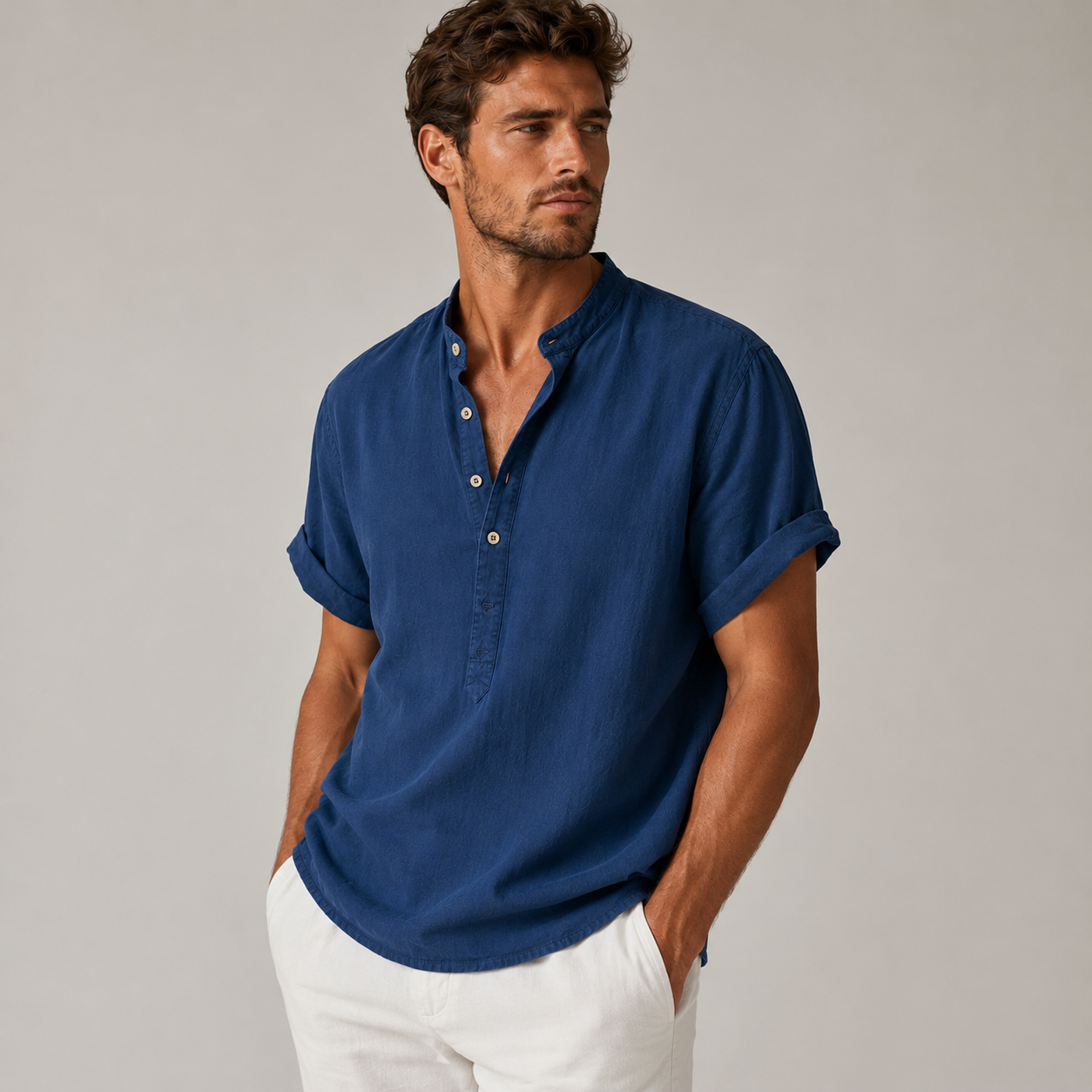 Men's Short Sleeve Shirt with Mandarin Collar and Button Placket