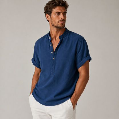Men's Short Sleeve Shirt with Mandarin Collar and Button Placket