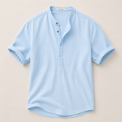 Men's Short Sleeve Shirt with Mandarin Collar and Button Placket