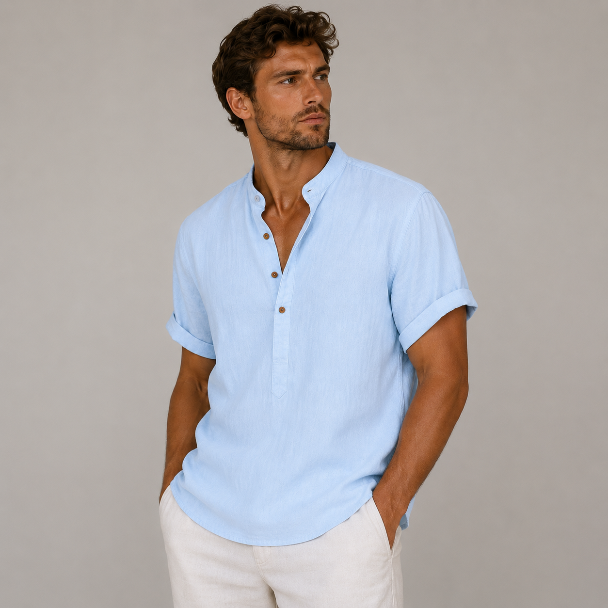 Men's Short Sleeve Shirt with Mandarin Collar and Button Placket