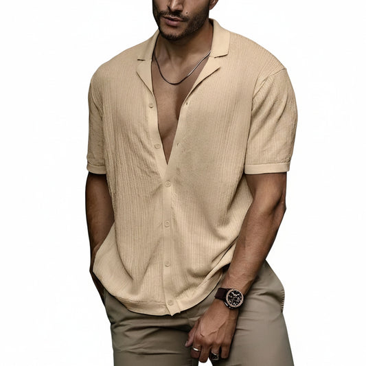 Men's Short Sleeve Ribbed-Texture Shirt with Open Collar and Button Closure