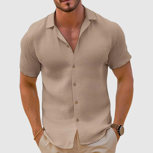 Men's Short Sleeve Shirt with Open Collar and Button Closure