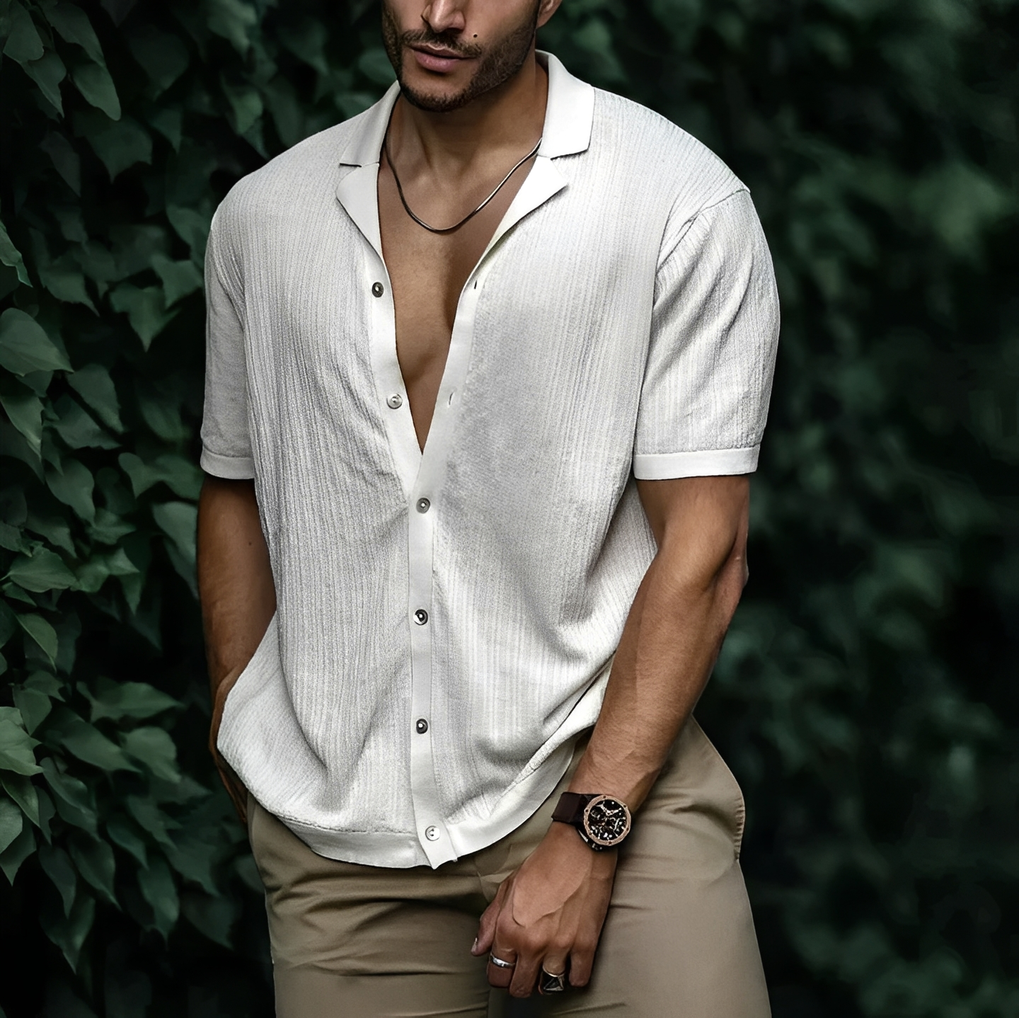 Men's Short Sleeve Shirt with Open Collar and Button Closure