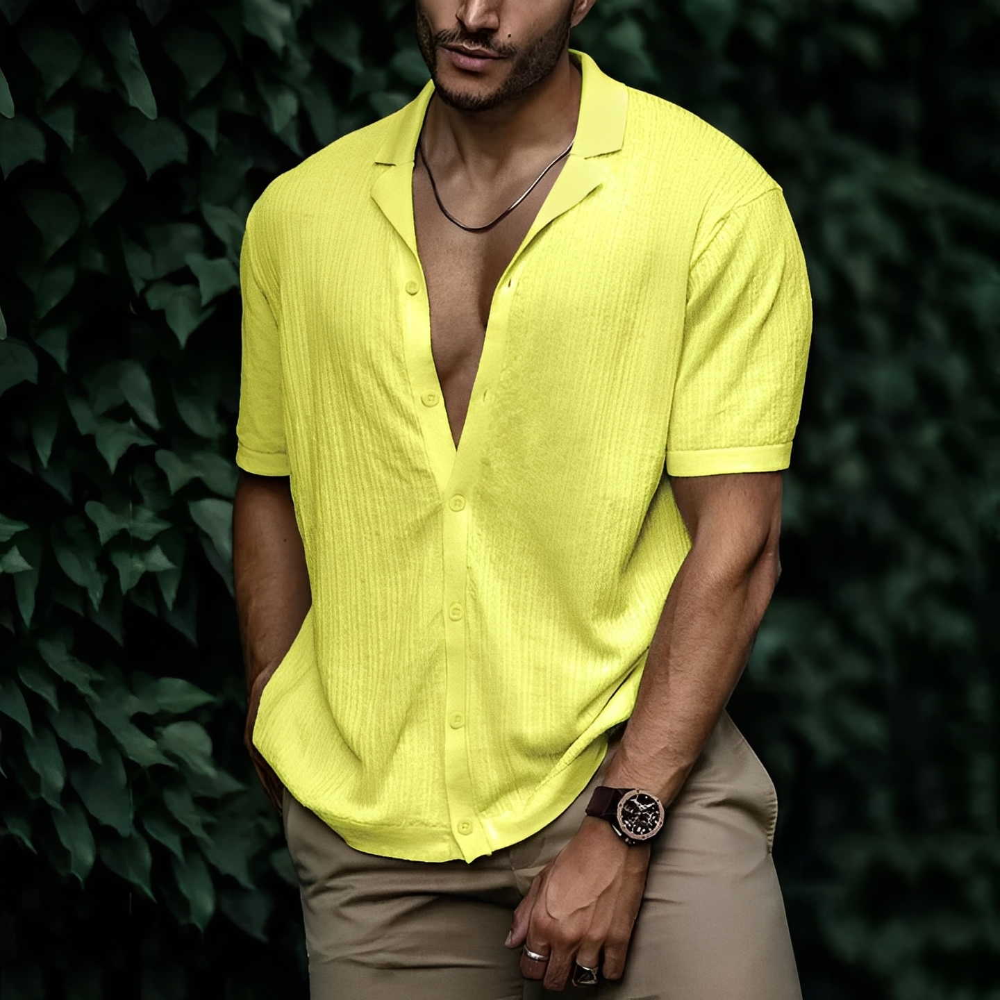 Men's Short Sleeve Shirt with Open Collar and Button Closure