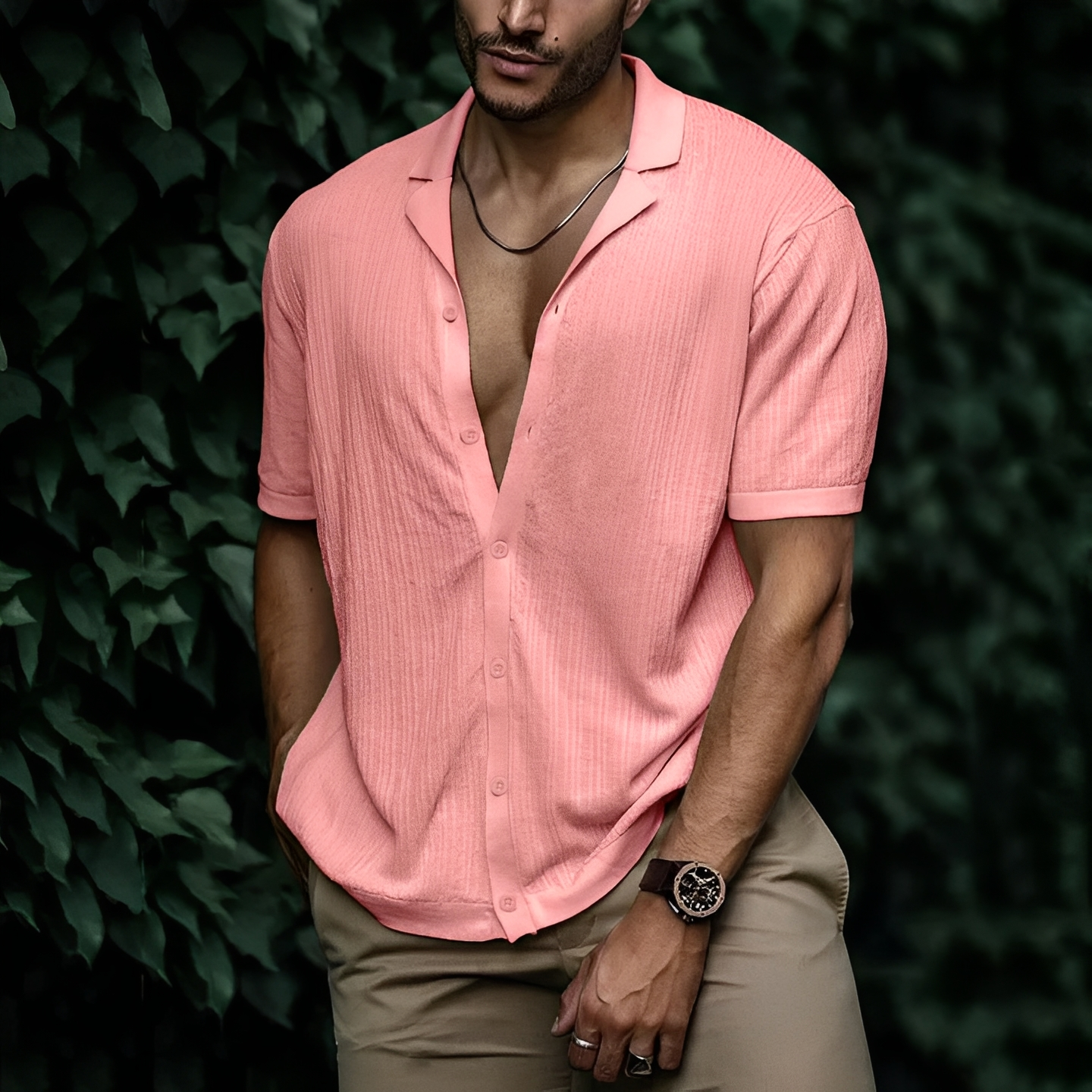 Men's Short Sleeve Shirt with Open Collar and Button Closure