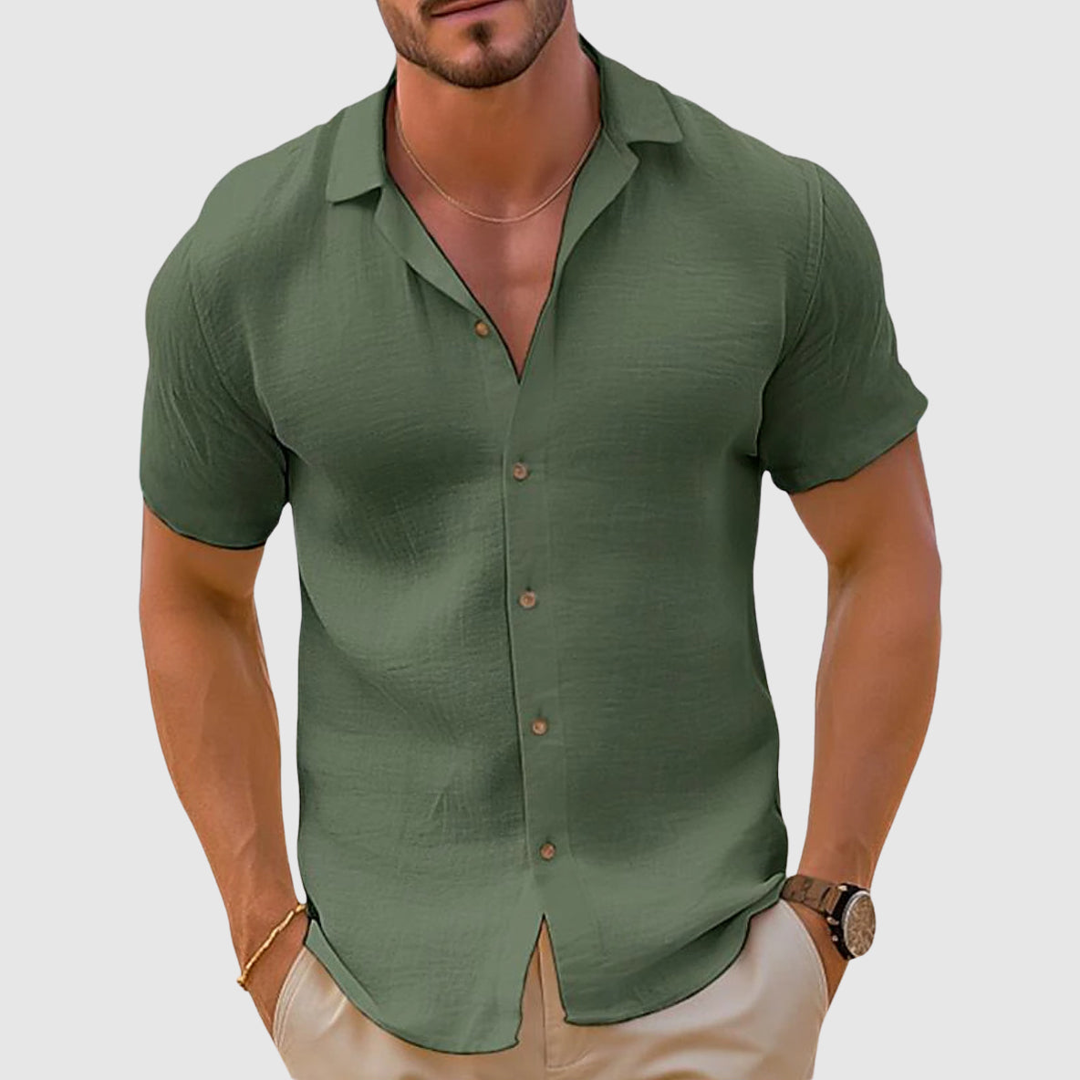 Men's Short Sleeve Shirt with Open Collar and Button Closure