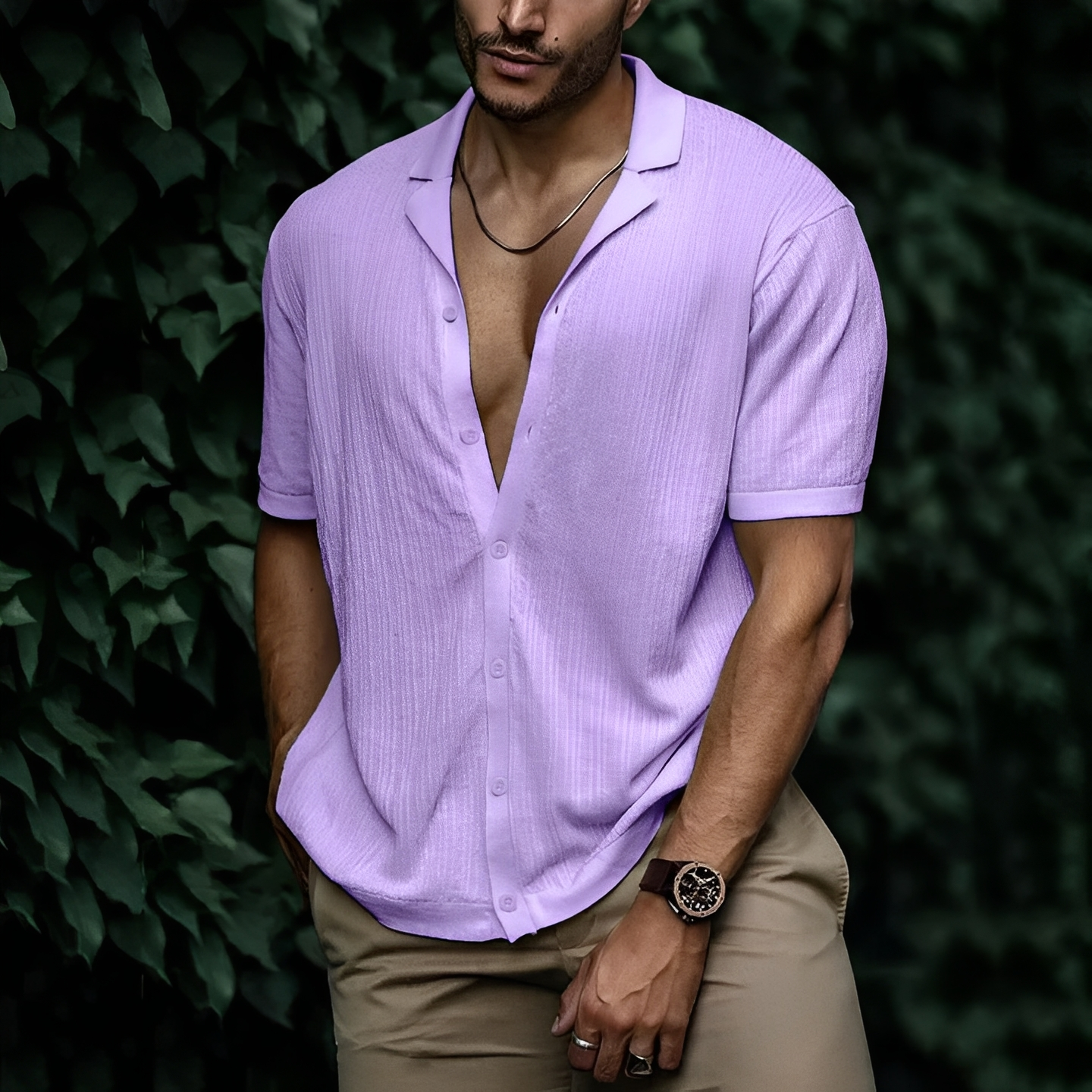 Men's Short Sleeve Shirt with Open Collar and Button Closure