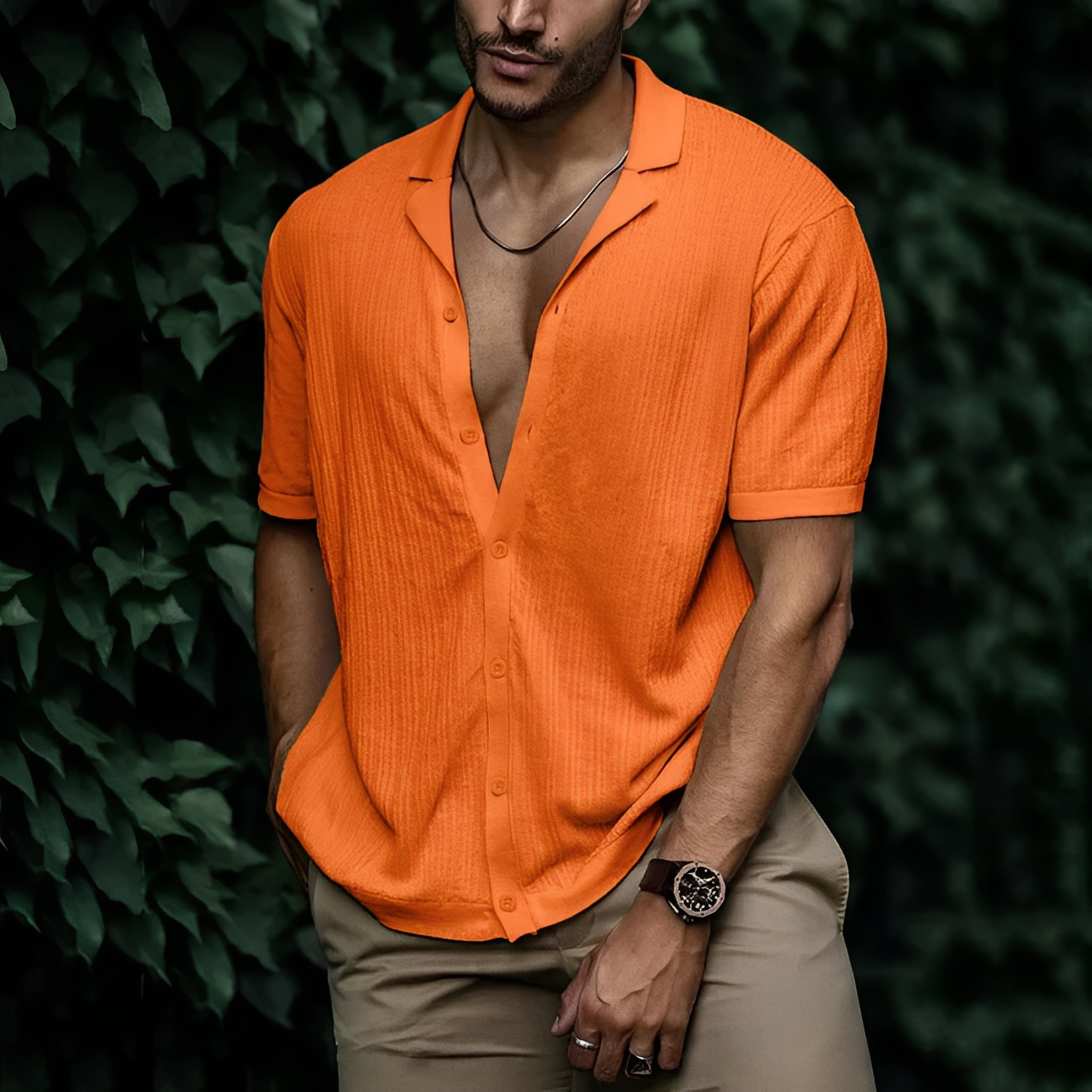 Men's Short Sleeve Shirt with Open Collar and Button Closure