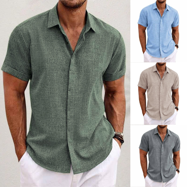 Men's Short Sleeve Shirt with Open Collar and Button Front