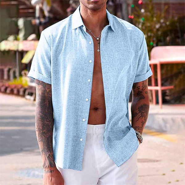 Men's Short Sleeve Shirt with Open Collar and Button Front