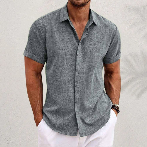 Men's Short Sleeve Shirt with Open Collar and Button Front