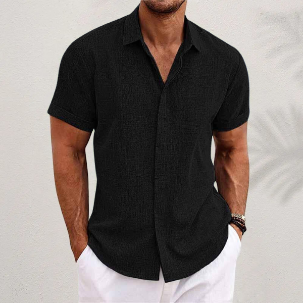 Men's Short Sleeve Shirt with Open Collar and Button Front