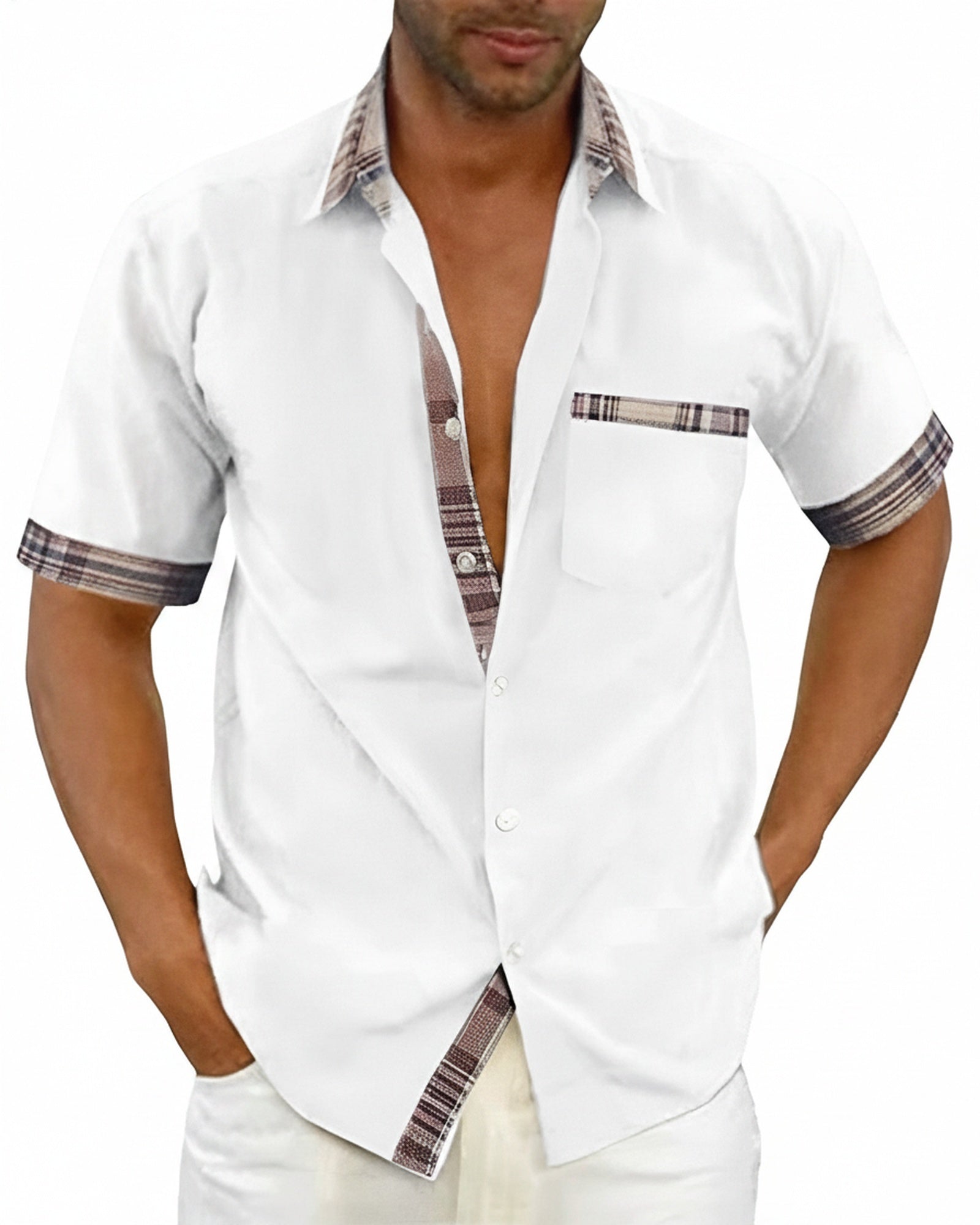 Men's Short Sleeve Shirt with Plaid Contrast Collar and Chest Pocket