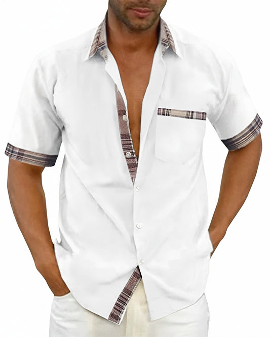 Men's Short Sleeve Shirt with Plaid Contrast Collar and Chest Pocket