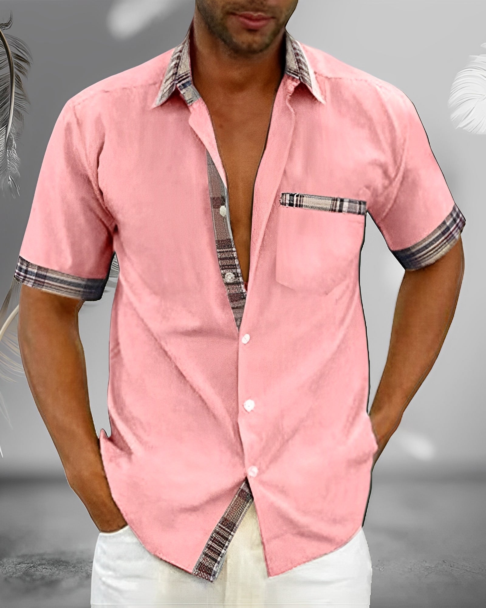 Men's Short Sleeve Shirt with Plaid Contrast Collar and Chest Pocket