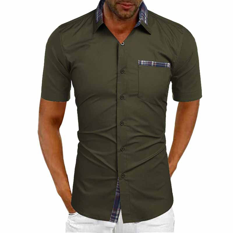 Men's Short Sleeve Shirt with Plaid Trim and Chest Pocket